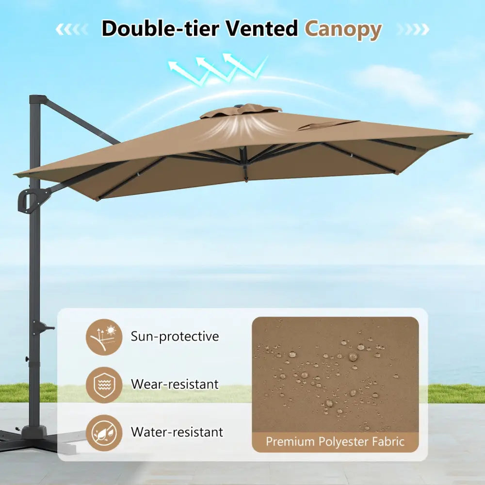 11 x 9 FT Aluminum Pole Outdoor Offset Hanging Umbrella with 220 LBS Base-Brown - Brown - Outdoor Umbrellas