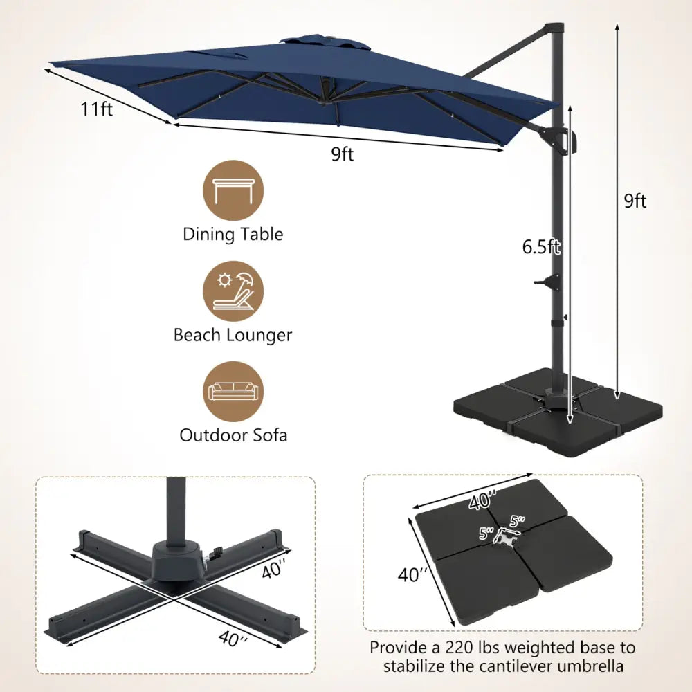 11 x 9 FT Aluminum Pole Outdoor Offset Hanging Umbrella with 220 LBS Base-Dark Blue - Dark Blue - Outdoor Umbrellas