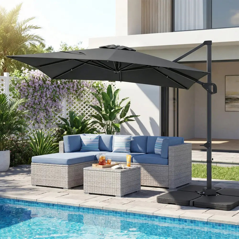 11 x 9 FT Aluminum Pole Outdoor Offset Hanging Umbrella with 220 LBS Base-Gray - Gray - Outdoor Umbrellas