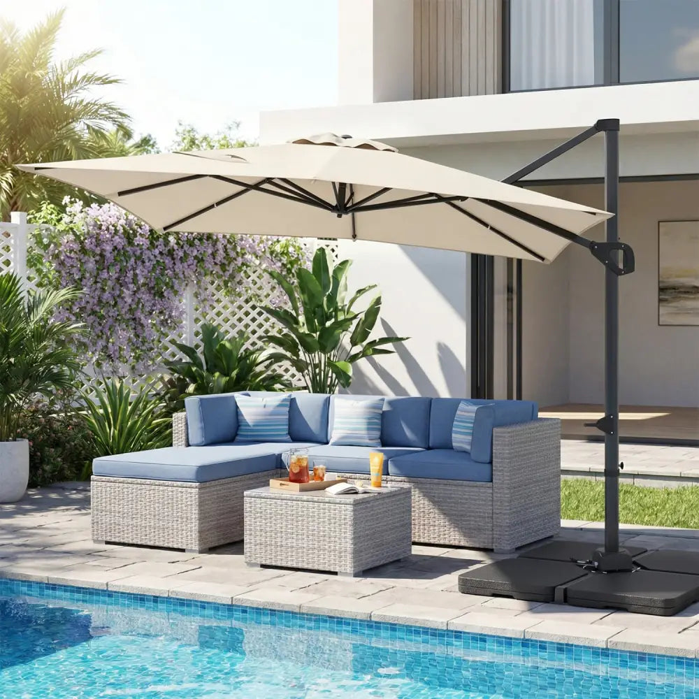 11 x 9 FT Aluminum Pole Outdoor Offset Hanging Umbrella with 220 LBS Base-Beige - Beige - Outdoor Umbrellas
