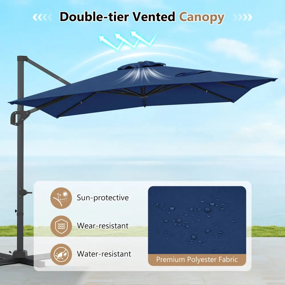 11 x 9 FT Aluminum Pole Outdoor Offset Hanging Umbrella with 220 LBS Base-Dark Blue - Dark Blue - Outdoor Umbrellas