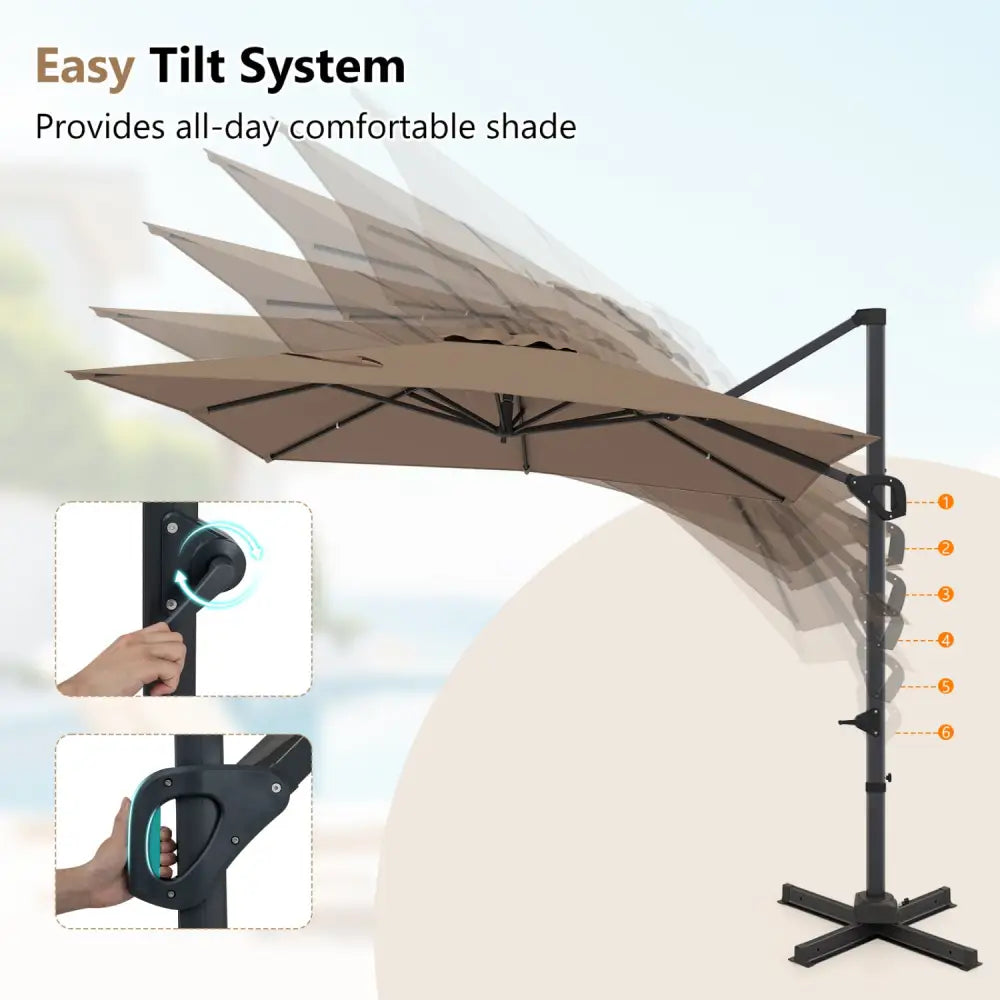 11 x 9 FT Aluminum Pole Outdoor Offset Hanging Umbrella with 220 LBS Base-Brown - Brown - Outdoor Umbrellas