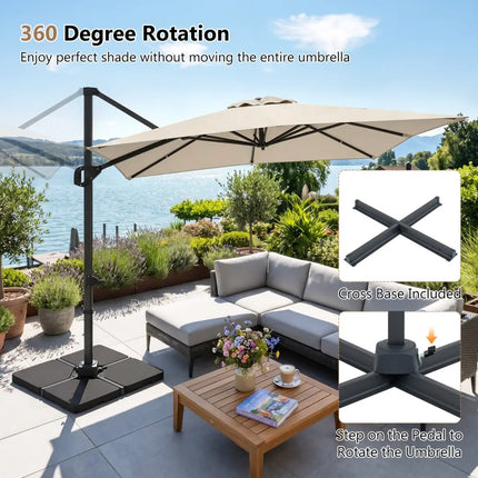 11 x 9 FT Aluminum Pole Outdoor Offset Hanging Umbrella with 220 LBS Base-Beige - Beige - Outdoor Umbrellas