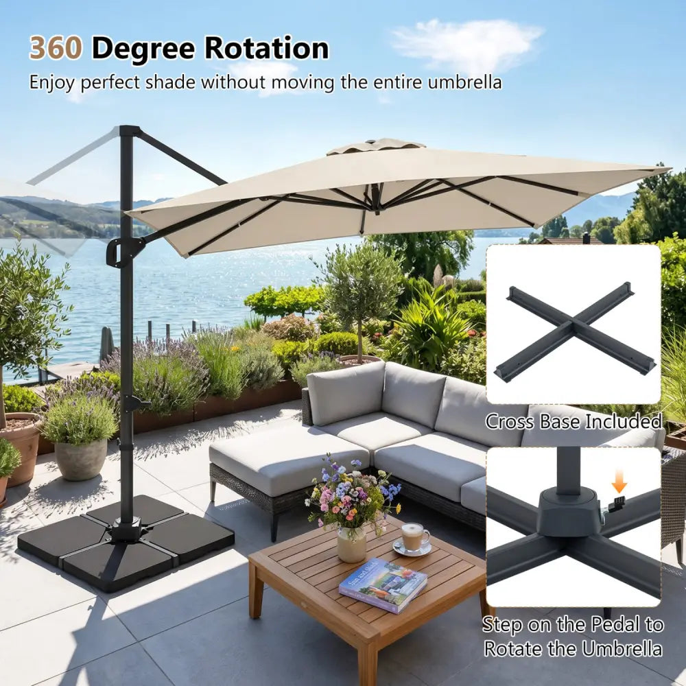 11 x 9 FT Aluminum Pole Outdoor Offset Hanging Umbrella with 220 LBS Base-Beige - Beige - Outdoor Umbrellas
