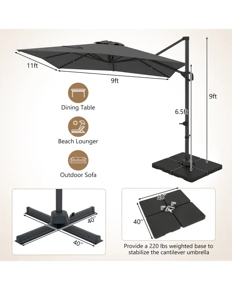 11 x 9 FT Aluminum Pole Outdoor Offset Hanging Umbrella with 220 LBS Base-Gray - Gray - Outdoor Umbrellas