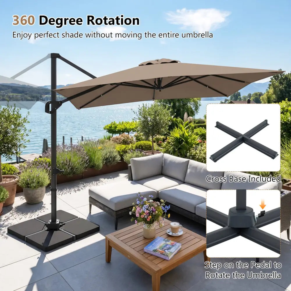 11 x 9 FT Aluminum Pole Outdoor Offset Hanging Umbrella with 220 LBS Base-Brown - Brown - Outdoor Umbrellas