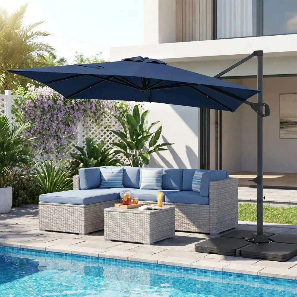 11 x 9 FT Aluminum Pole Outdoor Offset Hanging Umbrella with 220 LBS Base-Dark Blue - Dark Blue - Outdoor Umbrellas