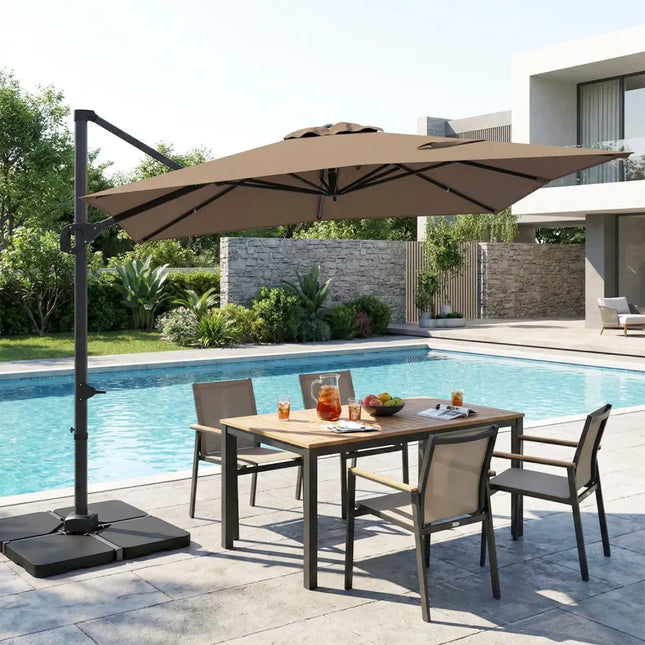 11 x 9 FT Aluminum Pole Outdoor Offset Hanging Umbrella with 220 LBS Base-Brown - Brown - Outdoor Umbrellas
