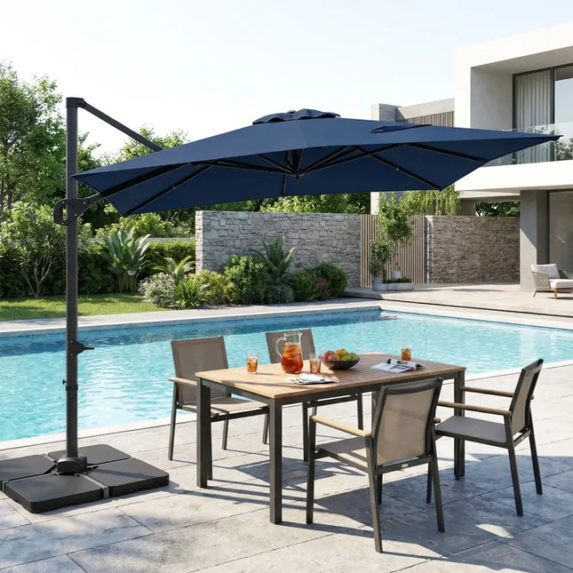 11 x 9 FT Aluminum Pole Outdoor Offset Hanging Umbrella with 220 LBS Base-Dark Blue - Dark Blue - Outdoor Umbrellas