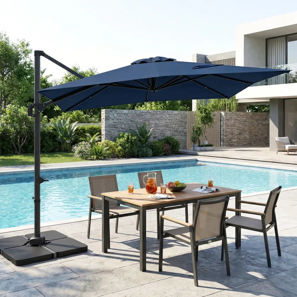 11 x 9 FT Aluminum Pole Outdoor Offset Hanging Umbrella with 220 LBS Base-Dark Blue - Dark Blue - Outdoor Umbrellas