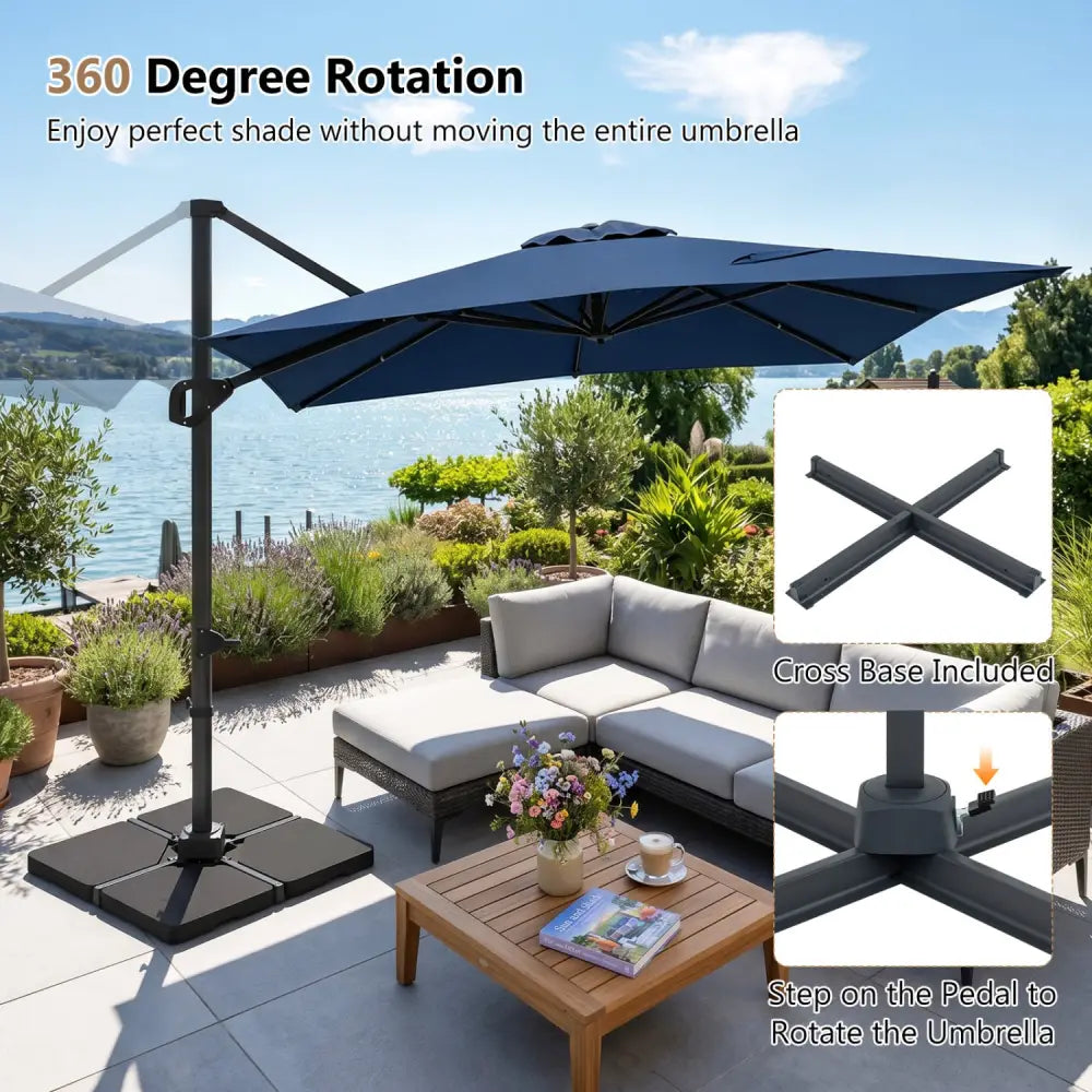 11 x 9 FT Aluminum Pole Outdoor Offset Hanging Umbrella with 220 LBS Base-Dark Blue - Dark Blue - Outdoor Umbrellas