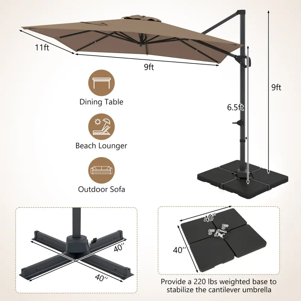 11 x 9 FT Aluminum Pole Outdoor Offset Hanging Umbrella with 220 LBS Base-Brown - Brown - Outdoor Umbrellas