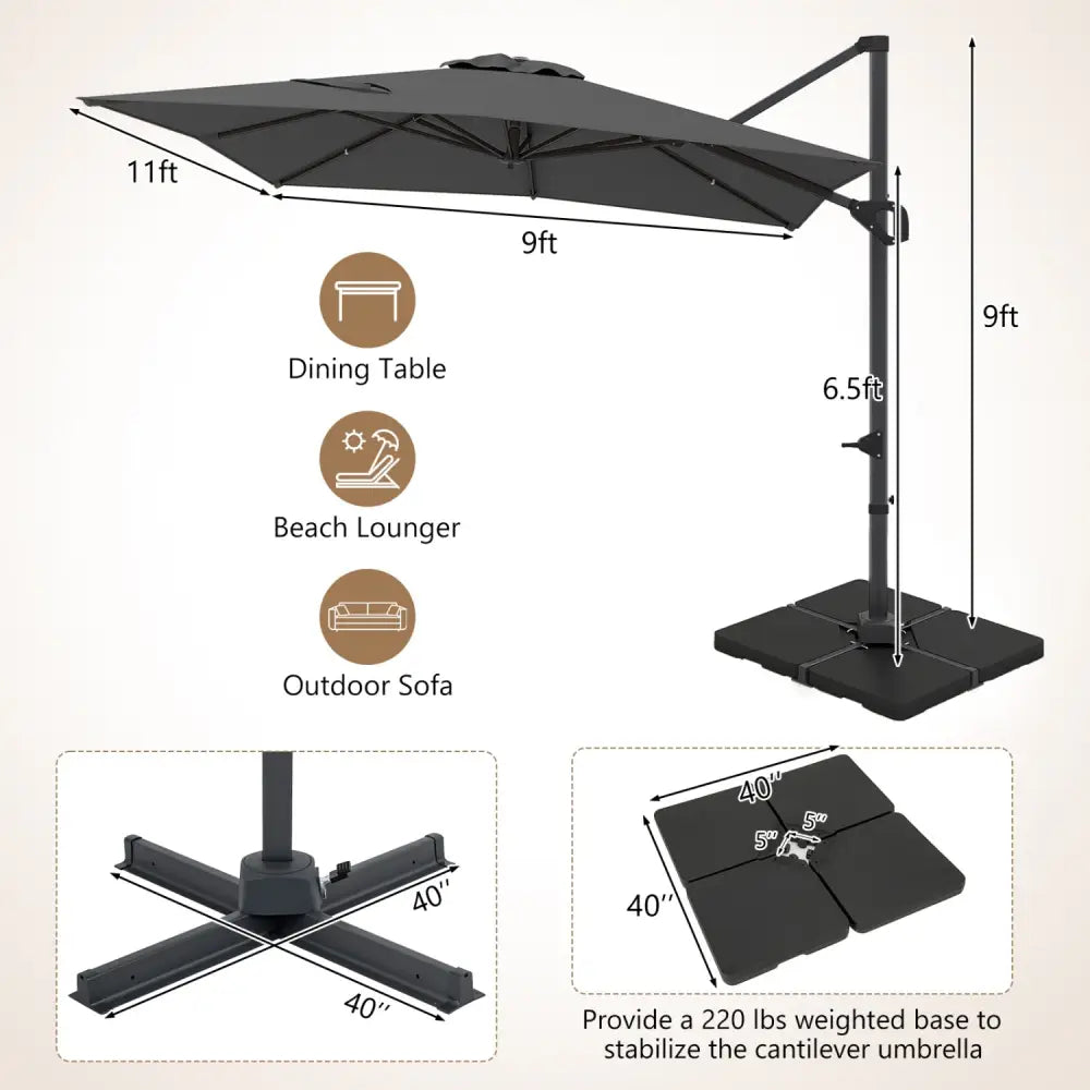 11 x 9 FT Aluminum Pole Outdoor Offset Hanging Umbrella with 220 LBS Base-Gray - Gray - Outdoor Umbrellas