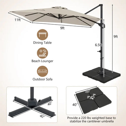 11 x 9 FT Aluminum Pole Outdoor Offset Hanging Umbrella with 220 LBS Base-Beige - Beige - Outdoor Umbrellas
