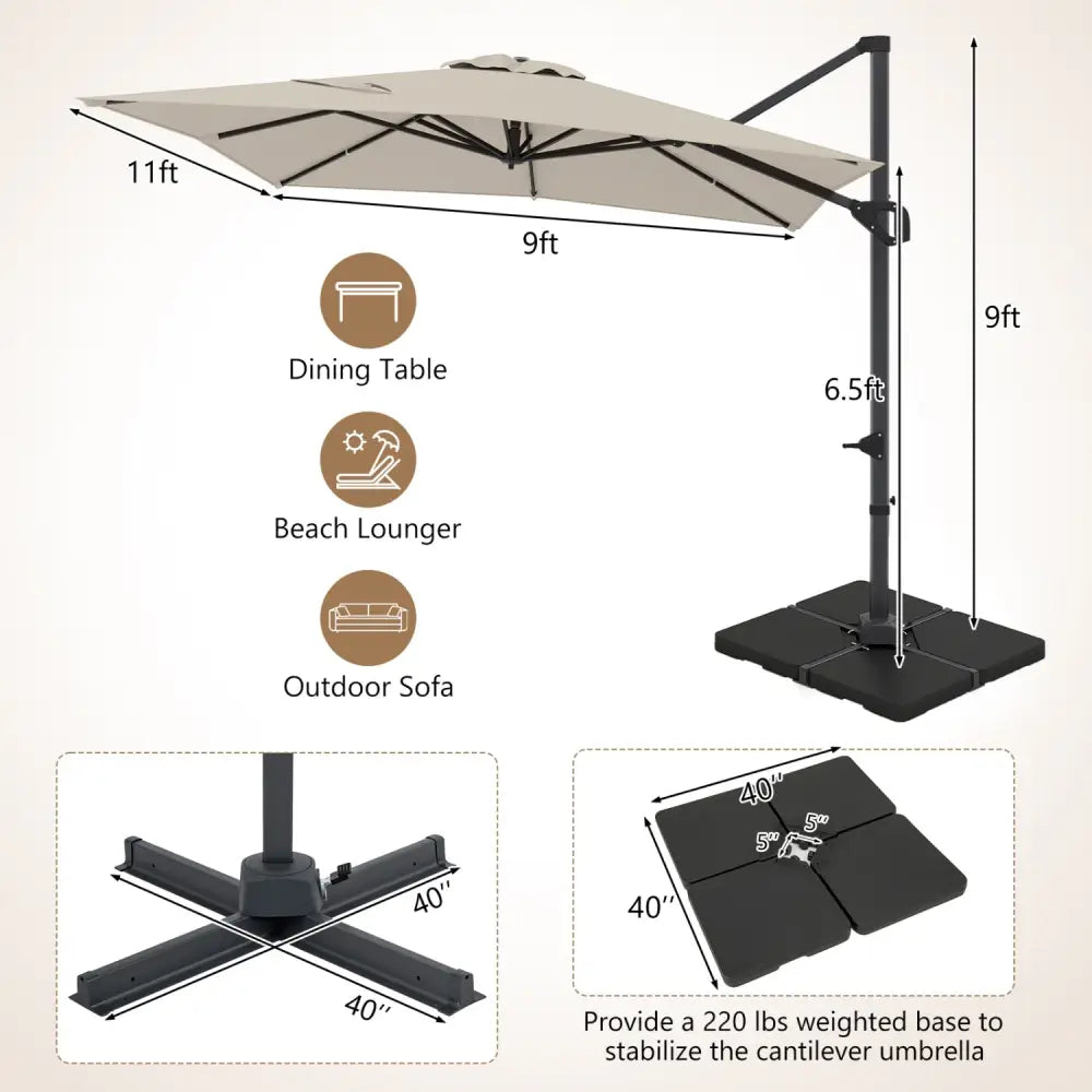 11 x 9 FT Aluminum Pole Outdoor Offset Hanging Umbrella with 220 LBS Base-Beige - Beige - Outdoor Umbrellas