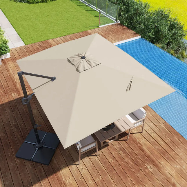 11 x 9 FT Aluminum Pole Outdoor Offset Hanging Umbrella with 220 LBS Base-Beige - Beige - Outdoor Umbrellas