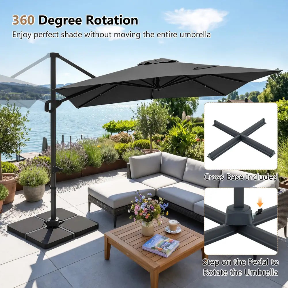 11 x 9 FT Aluminum Pole Outdoor Offset Hanging Umbrella with 220 LBS Base-Gray - Gray - Outdoor Umbrellas