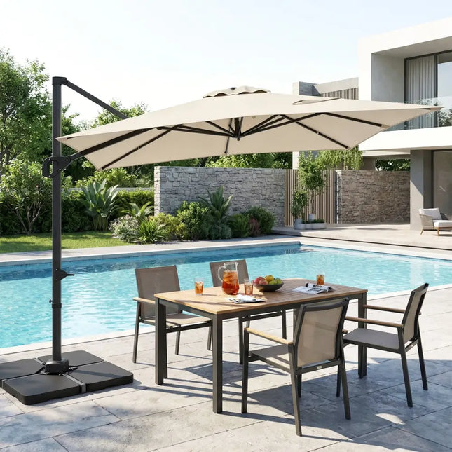 11 x 9 FT Aluminum Pole Outdoor Offset Hanging Umbrella with 220 LBS Base-Beige - Beige - Outdoor Umbrellas
