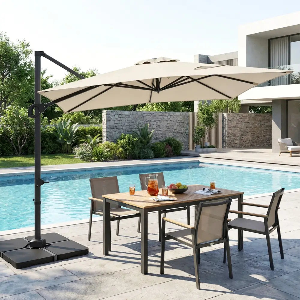 11 x 9 FT Aluminum Pole Outdoor Offset Hanging Umbrella with 220 LBS Base-Beige - Beige - Outdoor Umbrellas