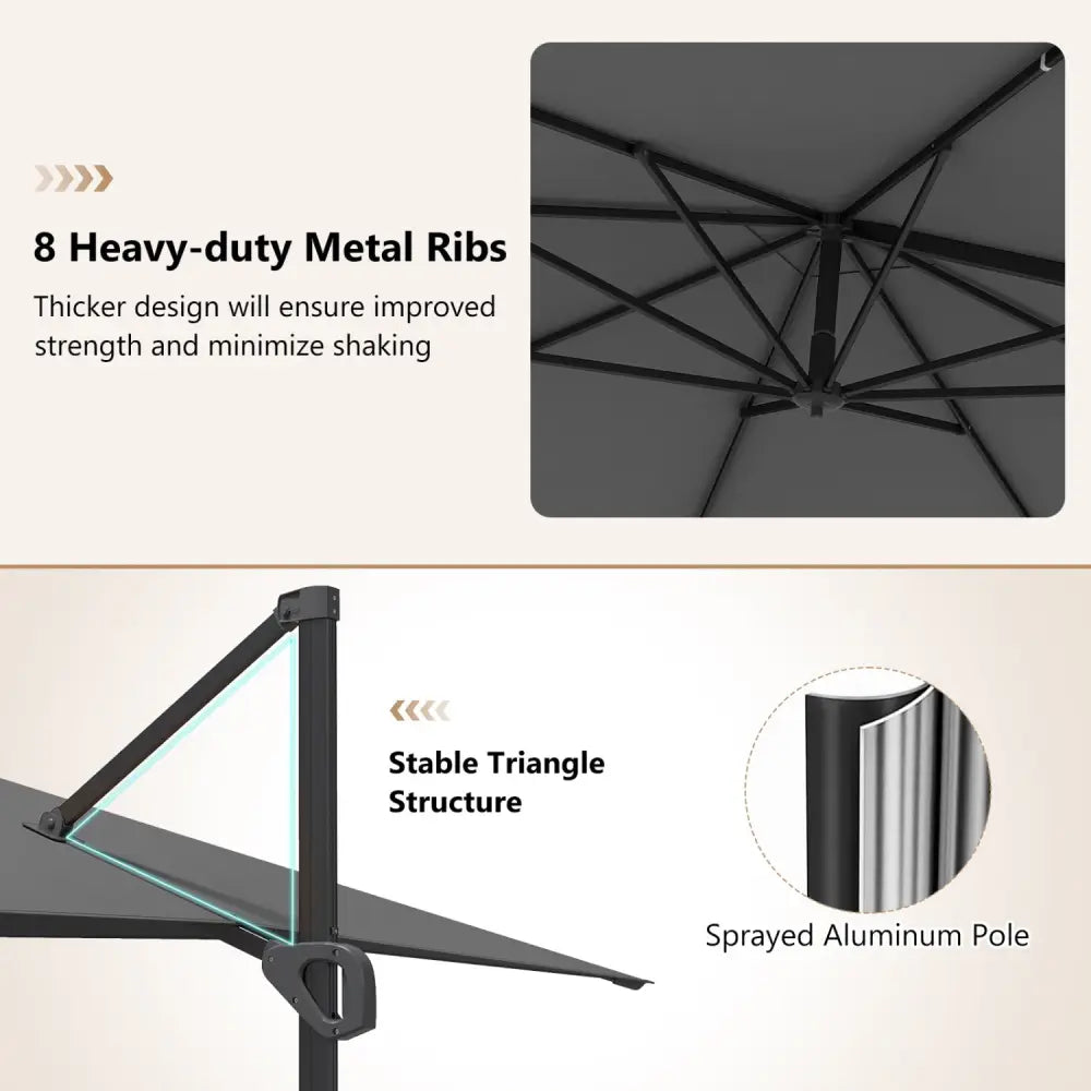11 x 9 FT Cantilever Patio Umbrella with 360° Rotation and Easy Tilt Adjustment-Gray - Gray - Outdoor Umbrellas