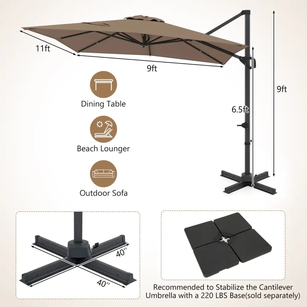 11 x 9 FT Cantilever Patio Umbrella with 360° Rotation and Easy Tilt Adjustment-Brown - Brown - Outdoor Umbrellas