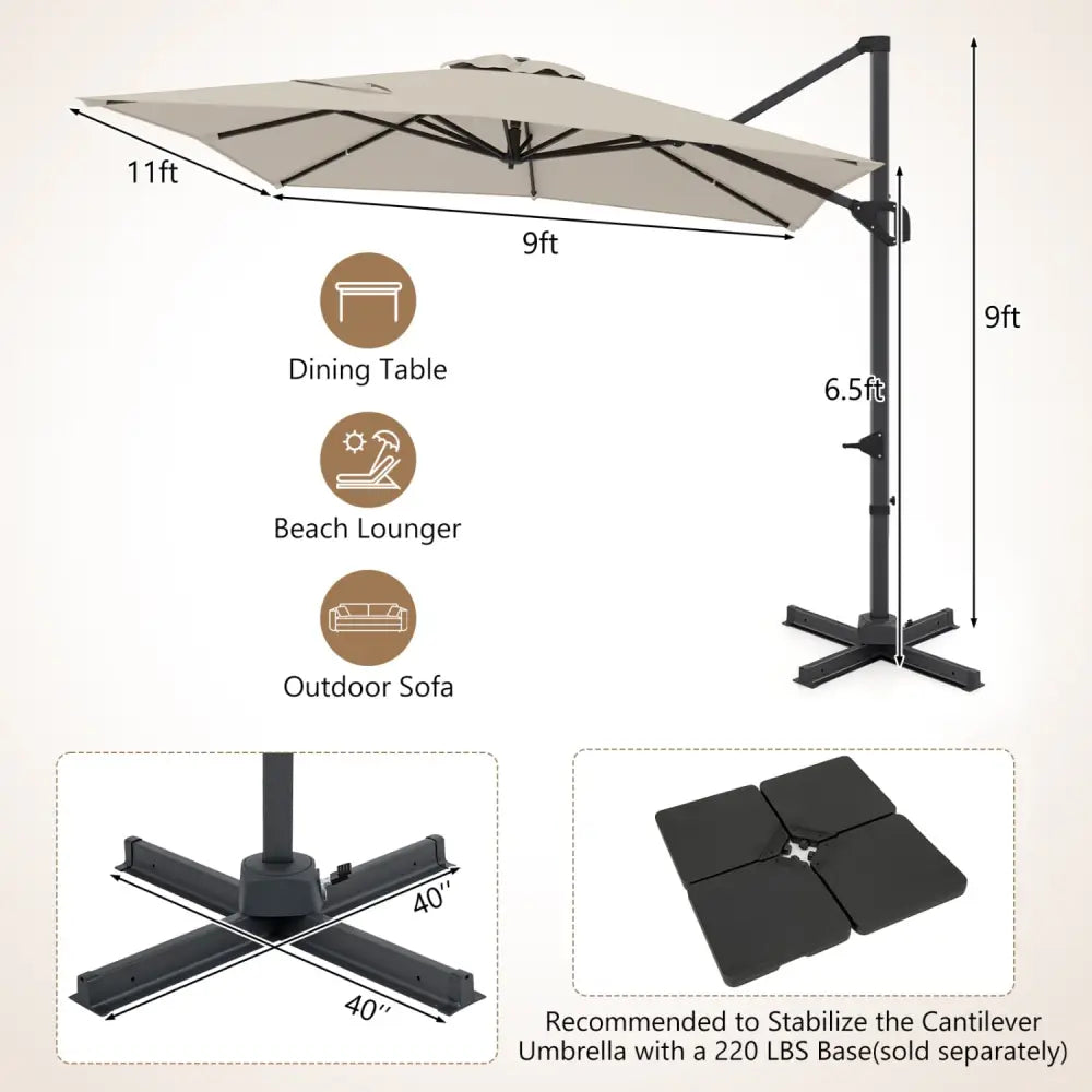 11 x 9 FT Cantilever Patio Umbrella with 360° Rotation and Easy Tilt Adjustment-Beige - Beige - Outdoor Umbrellas