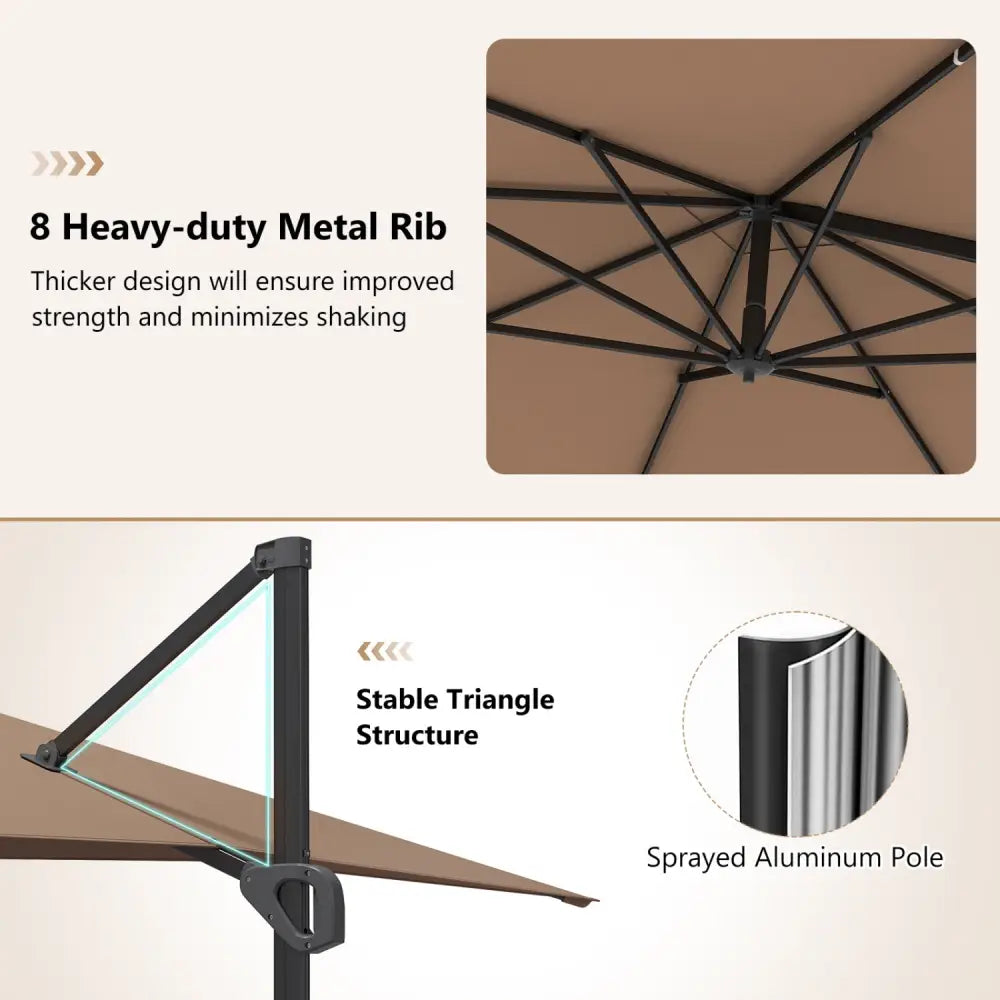 11 x 9 FT Cantilever Patio Umbrella with 360° Rotation and Easy Tilt Adjustment-Brown - Brown - Outdoor Umbrellas
