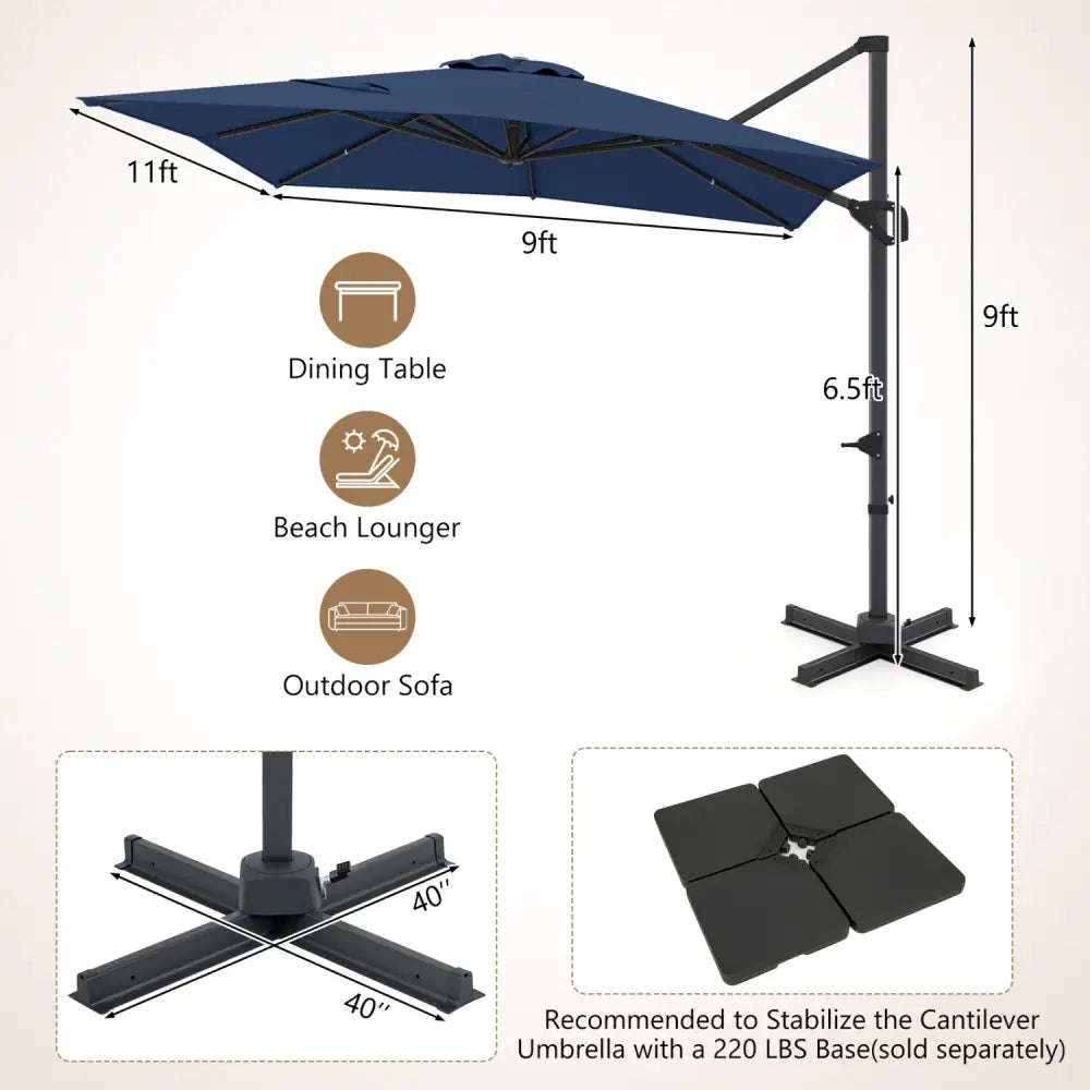 11 x 9 FT Cantilever Patio Umbrella with 360° Rotation and Easy Tilt Adjustment-Navy - Navy - Outdoor Umbrellas