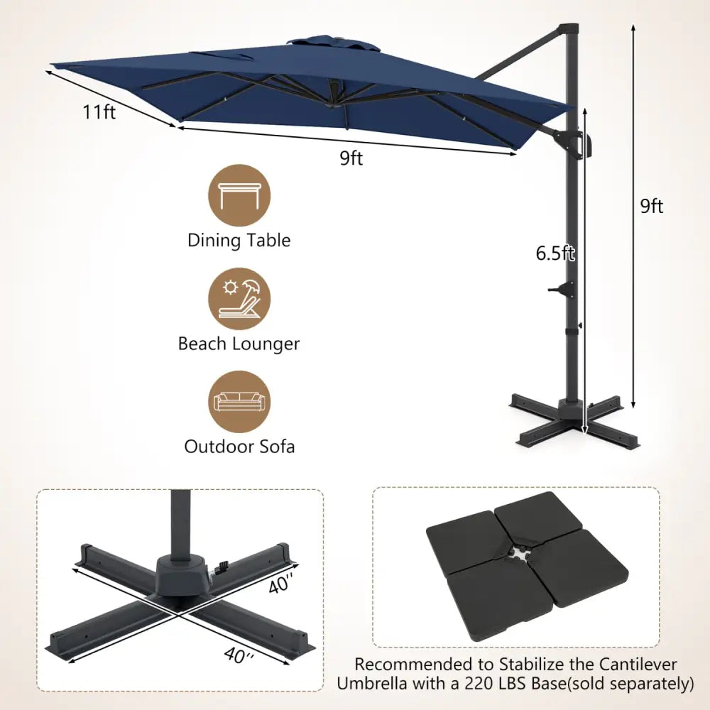 11 x 9 FT Cantilever Patio Umbrella with 360° Rotation and Easy Tilt Adjustment-Navy - Navy - Outdoor Umbrellas
