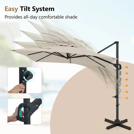11 x 9 FT Cantilever Patio Umbrella with 360° Rotation and Easy Tilt Adjustment-Beige - Beige - Outdoor Umbrellas