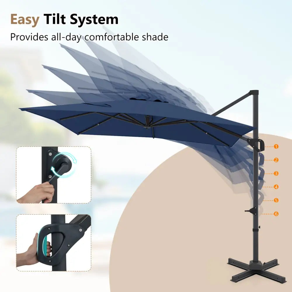 11 x 9 FT Cantilever Patio Umbrella with 360° Rotation and Easy Tilt Adjustment-Navy - Navy - Outdoor Umbrellas