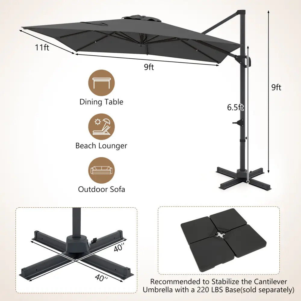 11 x 9 FT Cantilever Patio Umbrella with 360° Rotation and Easy Tilt Adjustment-Gray - Gray - Outdoor Umbrellas