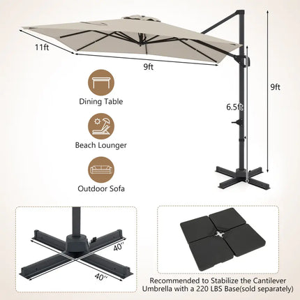 11 x 9 FT Cantilever Patio Umbrella with 360° Rotation and Easy Tilt Adjustment-Beige - Beige - Outdoor Umbrellas
