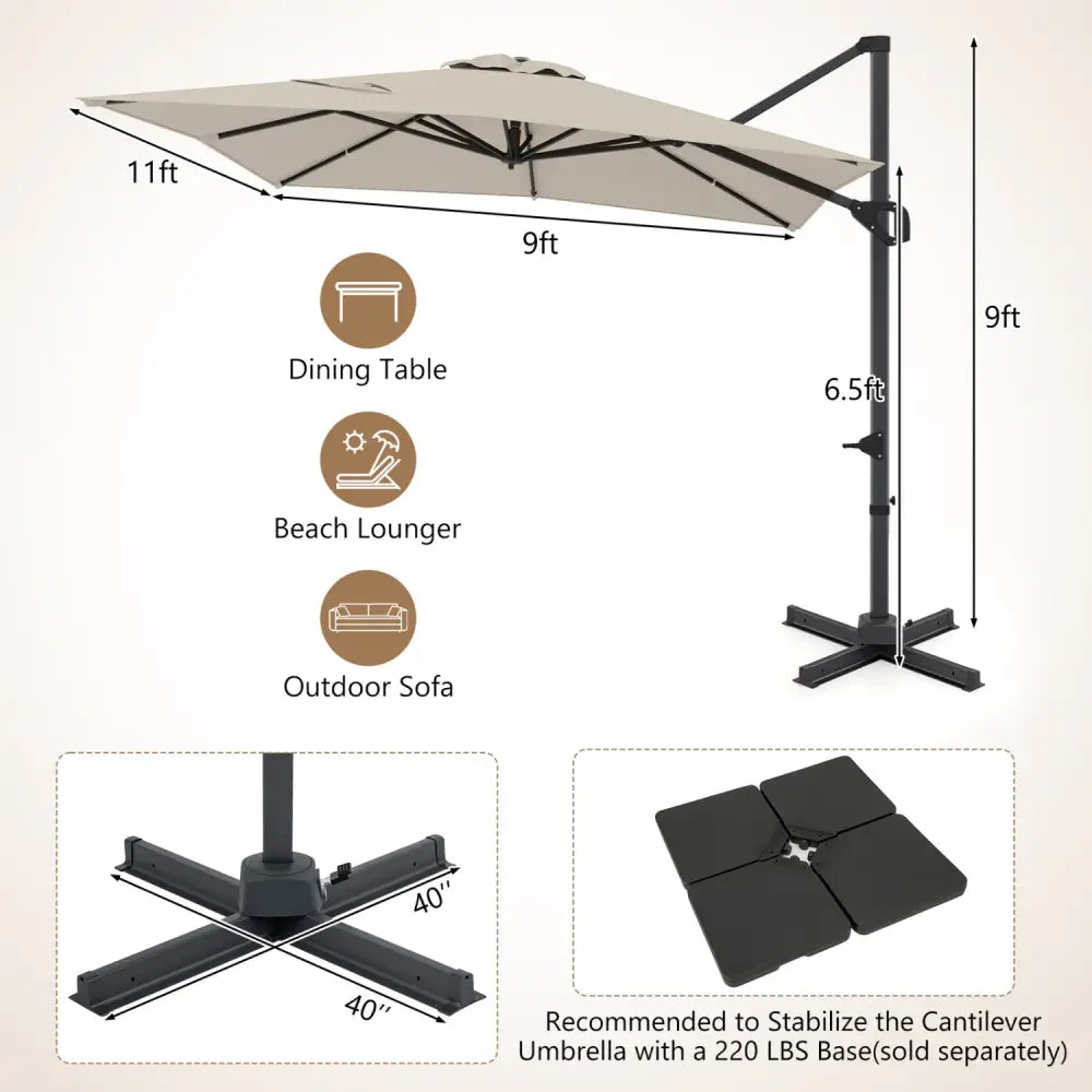 11 x 9 FT Cantilever Patio Umbrella with 360° Rotation and Easy Tilt Adjustment-Beige - Beige - Outdoor Umbrellas