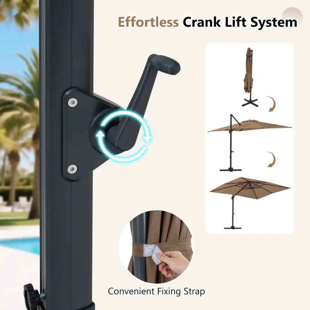 11 x 9 FT Cantilever Patio Umbrella with 360° Rotation and Easy Tilt Adjustment-Brown - Brown - Outdoor Umbrellas