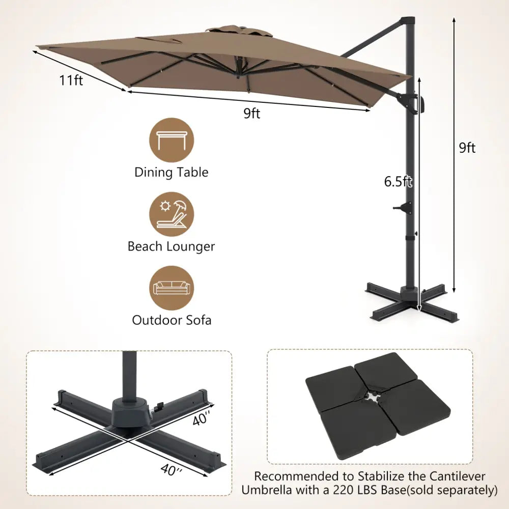 11 x 9 FT Cantilever Patio Umbrella with 360° Rotation and Easy Tilt Adjustment-Brown - Brown - Outdoor Umbrellas