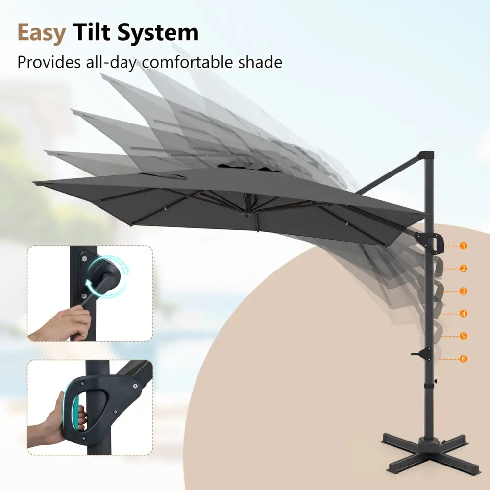 11 x 9 FT Cantilever Patio Umbrella with 360° Rotation and Easy Tilt Adjustment-Gray - Gray - Outdoor Umbrellas
