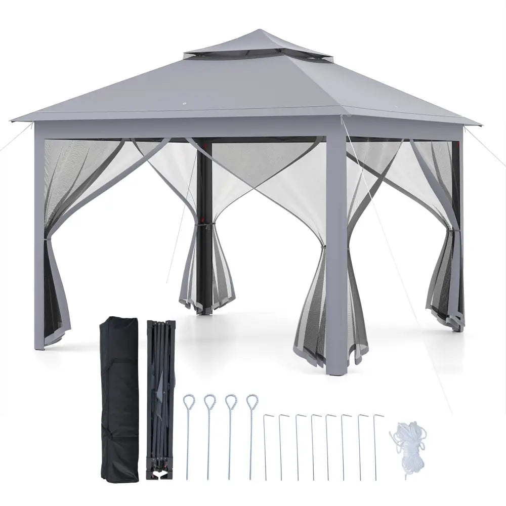 11 x 11 Feet 2-Tier Pop-Up Gazebo Tent Portable Canopy Shelter Carry Bag Mesh-Gray - Gray - Gazebos