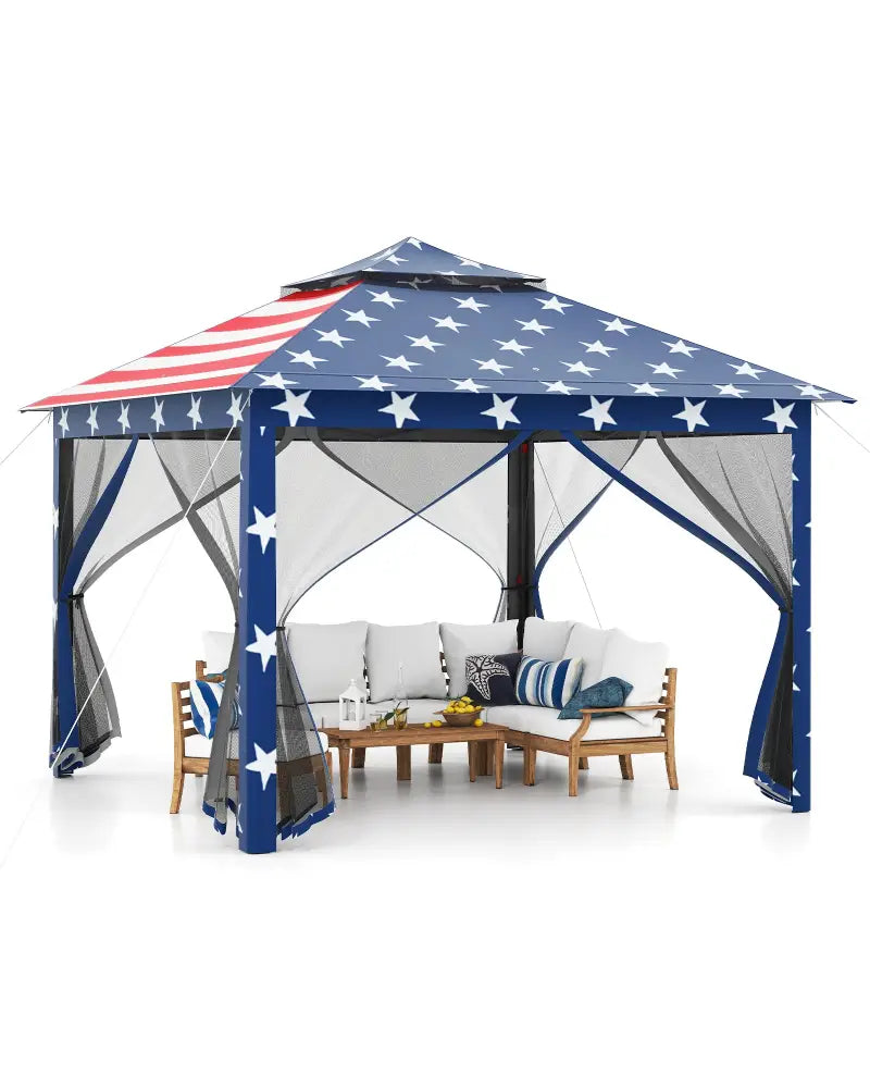 11 x 11 Feet 2-Tier Pop-Up Gazebo Tent Portable Canopy Shelter Carry Bag Mesh-Blue - Blue - Gazebos