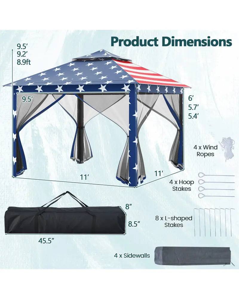 11 x 11 Feet 2-Tier Pop-Up Gazebo Tent Portable Canopy Shelter Carry Bag Mesh-Blue - Blue - Gazebos
