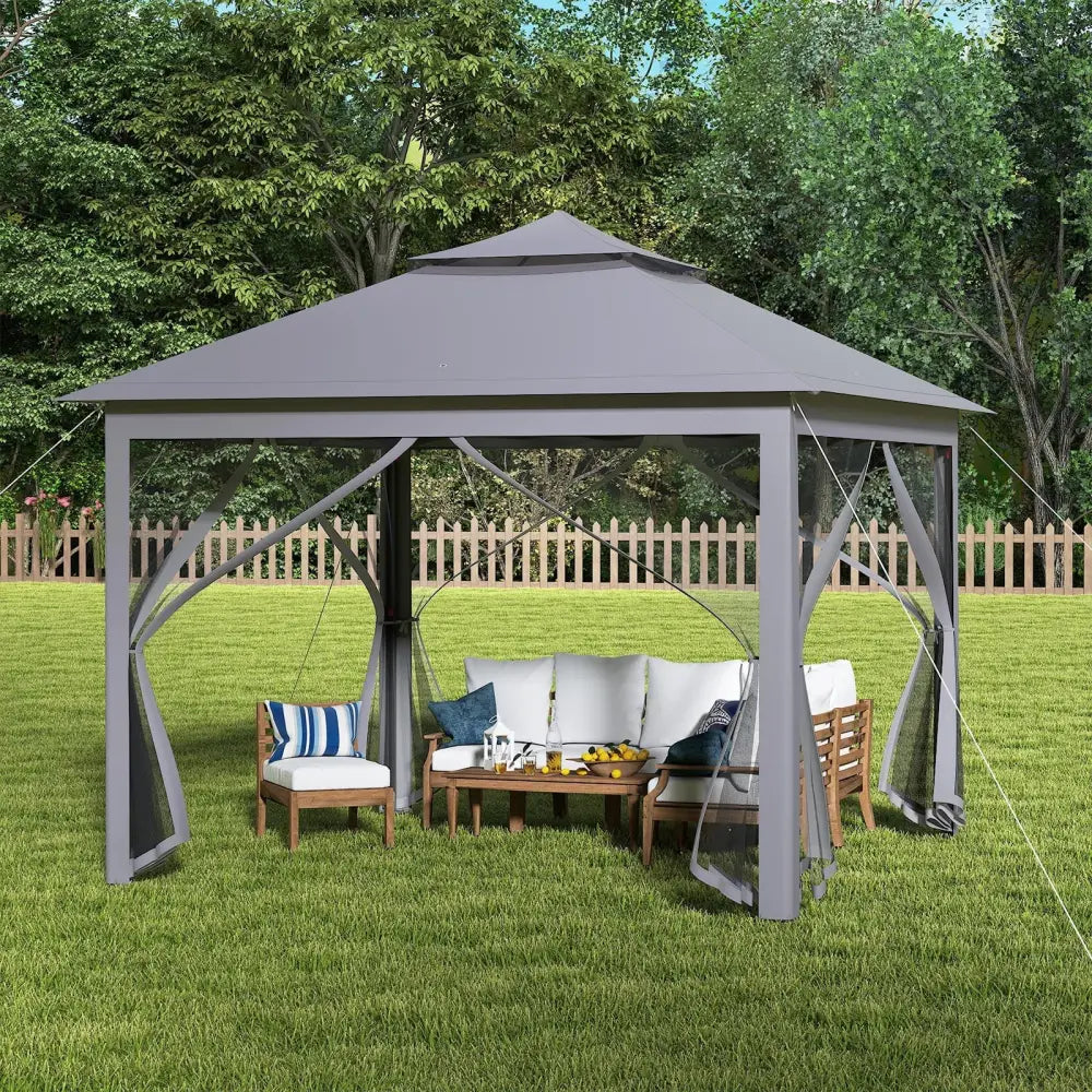 11 x 11 Feet 2-Tier Pop-Up Gazebo Tent Portable Canopy Shelter Carry Bag Mesh-Gray - Gray - Gazebos