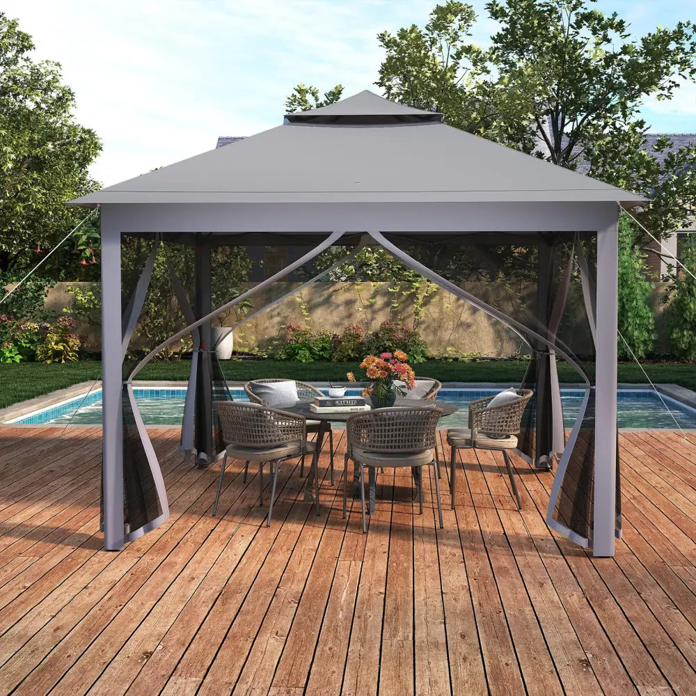 11 x 11 Feet 2-Tier Pop-Up Gazebo Tent Portable Canopy Shelter Carry Bag Mesh-Gray - Gray - Gazebos