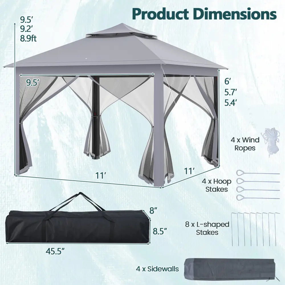 11 x 11 Feet 2-Tier Pop-Up Gazebo Tent Portable Canopy Shelter Carry Bag Mesh-Gray - Gray - Gazebos