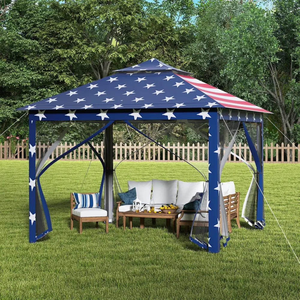 11 x 11 Feet 2-Tier Pop-Up Gazebo Tent Portable Canopy Shelter Carry Bag Mesh-Blue - Blue - Gazebos
