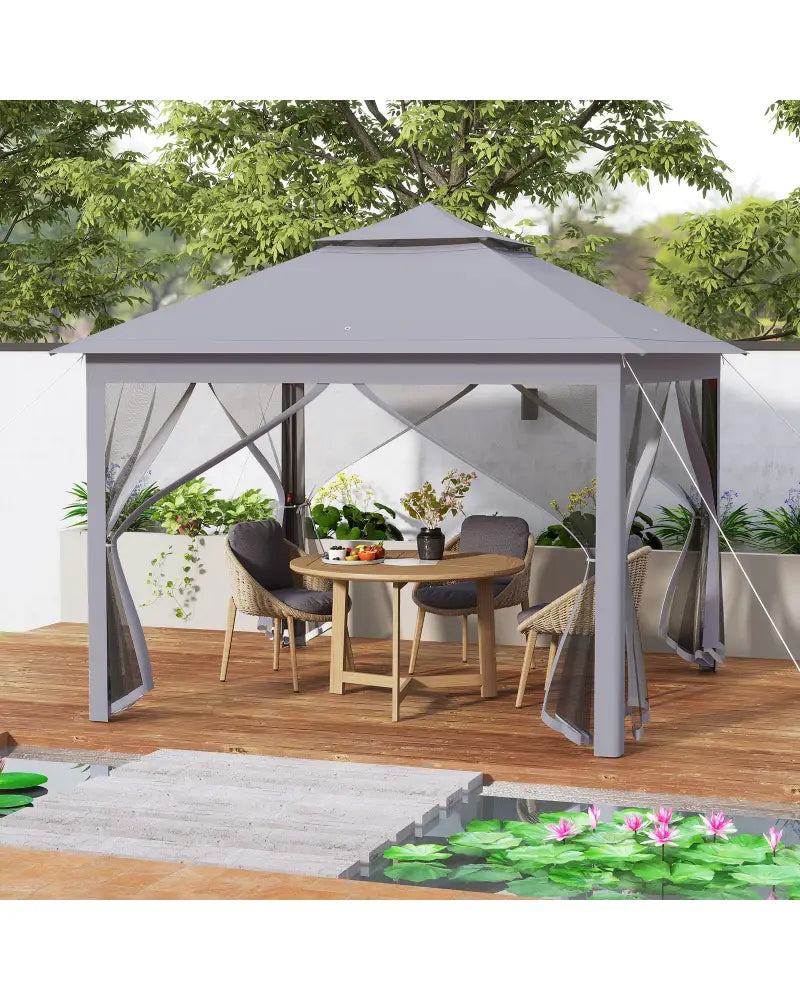 11 x 11 Feet 2-Tier Pop-Up Gazebo Tent Portable Canopy Shelter Carry Bag Mesh-Gray - Gray - Gazebos