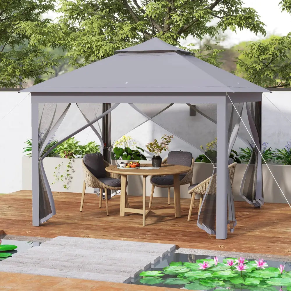 11 x 11 Feet 2-Tier Pop-Up Gazebo Tent Portable Canopy Shelter Carry Bag Mesh-Gray - Gray - Gazebos