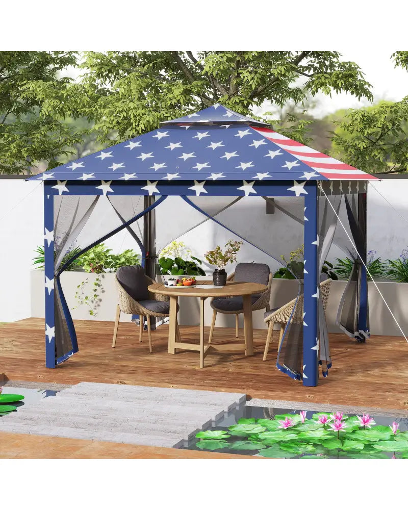 11 x 11 Feet 2-Tier Pop-Up Gazebo Tent Portable Canopy Shelter Carry Bag Mesh-Blue - Blue - Gazebos