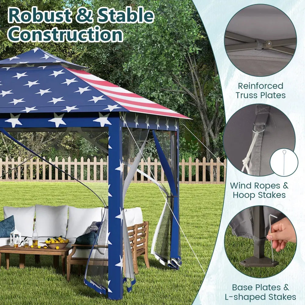 11 x 11 Feet 2-Tier Pop-Up Gazebo Tent Portable Canopy Shelter Carry Bag Mesh-Blue - Blue - Gazebos