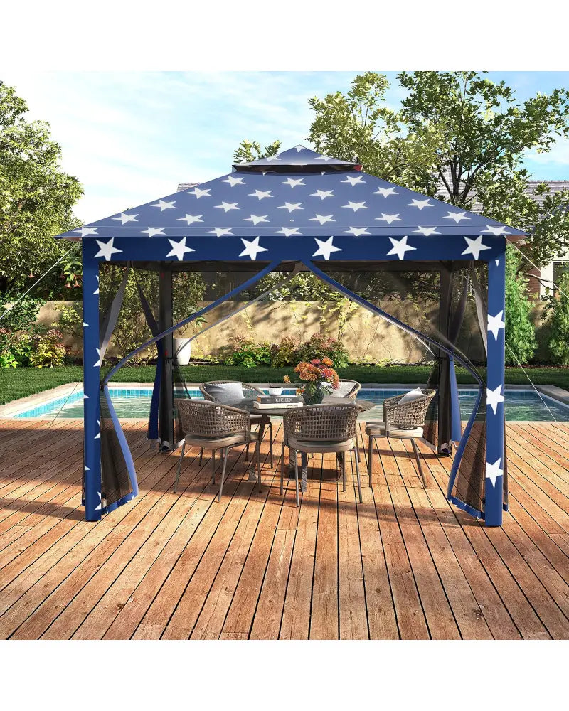 11 x 11 Feet 2-Tier Pop-Up Gazebo Tent Portable Canopy Shelter Carry Bag Mesh-Blue - Blue - Gazebos