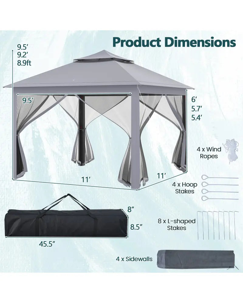 11 x 11 Feet 2-Tier Pop-Up Gazebo Tent Portable Canopy Shelter Carry Bag Mesh-Gray - Gray - Gazebos